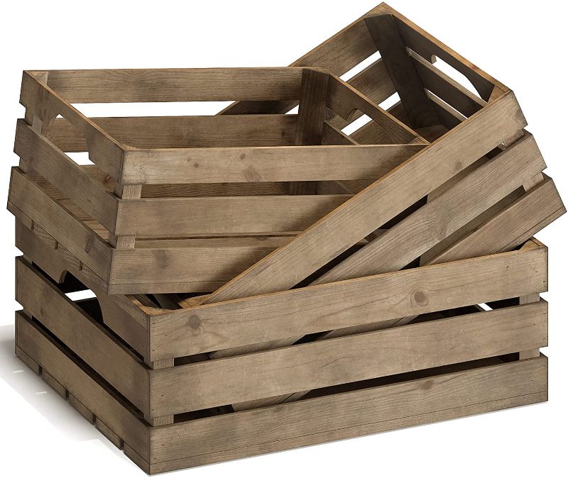 Photo 1 of Barnyard Designs Rustic Wood Nesting Crates with Handles Decorative Farmhouse Wooden Storage Container Boxes, Set of 3, 16" x 12.5" (Brown)
