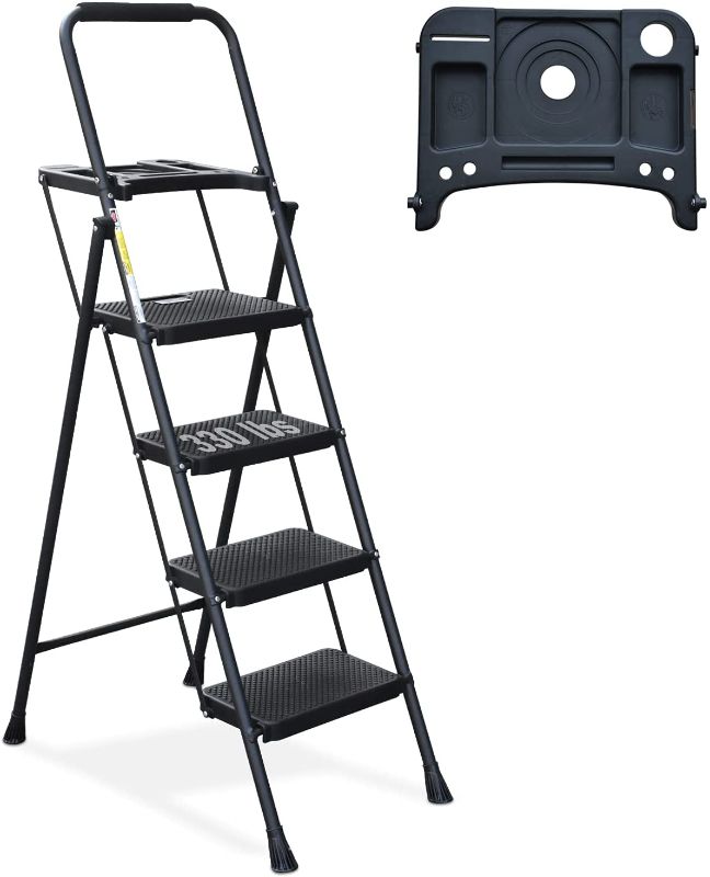 Photo 1 of 4 Step Ladder, HBTower Folding Step Stool with Tool Platform, Wide Anti-Slip Pedal, Sturdy Steel Ladder, Convenient Handgrip, Lightweight 330lbs Portable Steel Step Stool, Black
