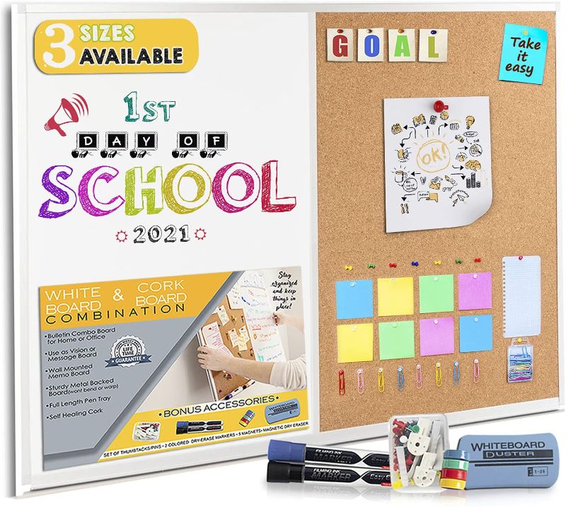 Photo 1 of White Board and Cork Board Combination 48 x 36 , Large Magnetic Bulletin Board for Home or Office, Versatile Wall Mounted Dry Erase Board | Message & Memo Board | Markers, Eraser, Push Pins Included
