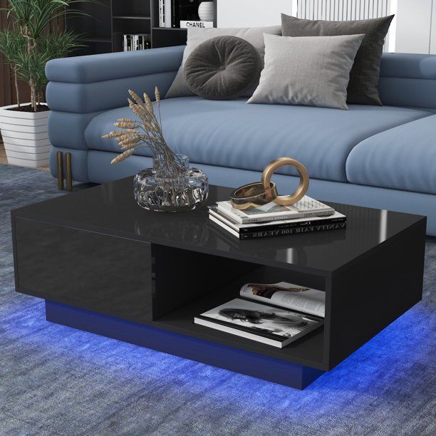 Photo 1 of High Gloss Coffee Table with Drawers, LED Sofa Side End Desk Living Room Furniture, Black White
