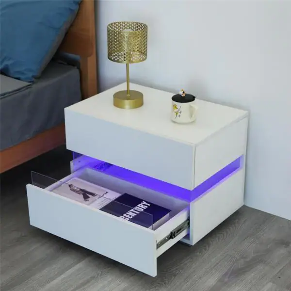 Photo 1 of 2-Drawer LED White Nightstand 18 in. H x 24 in. W x 15 in. D
