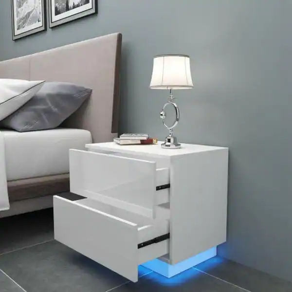 Photo 1 of 2-Drawer LED White Nightstand 21.7 in. H x 17.7 in. W x 15.7 in. D
