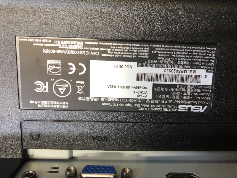 Photo 1 of ASUS VY249HE 23.8” Eye Care Monitor, 1080P Full HD, 75Hz, IPS, Adaptive-Sync/FreeSync, Eye Care Plus, Color Augmentation, Rest Reminder, Antibacterial Surface, HDMI VGA, Frameless, VESA Wall Mountable