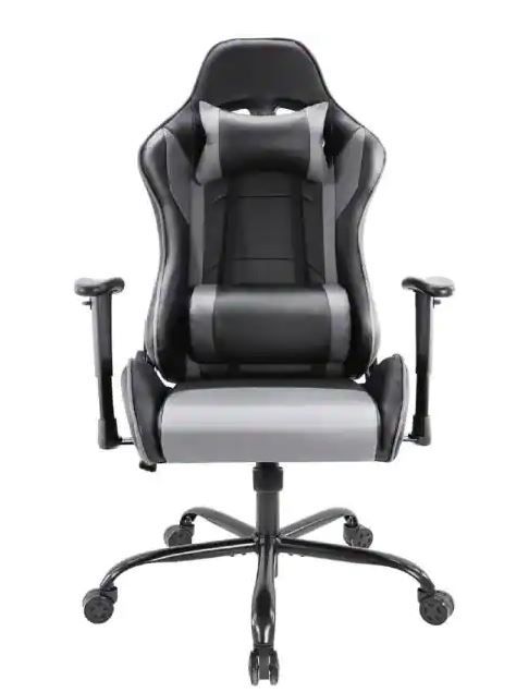 Photo 1 of Black / Gray Faux Leather Gaming Chair Ergonomic Office Chair High Back Reclining Adjustable Armrests Comfortable Pillow
