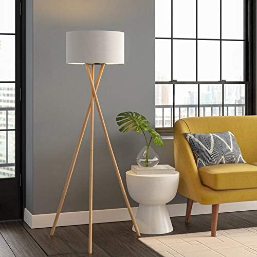 Photo 1 of Archiology Tripod Floor Lamp - Modern Wood Floor Lamp with White Drum Shade and E26 Lamp Base,Perfect for Living Room, Bedroom, Study Room and Office
