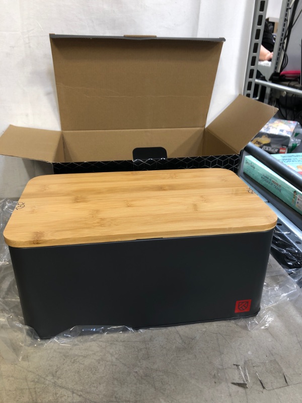 Photo 2 of Bread Box for Kitchen Countertop - Large Metal Breadbox with Wooden Bamboo Chopping Board Lid - Kensington London Bread Storage Container and Holder - Cut, Serve, and Store Bread Fresher For Longer
