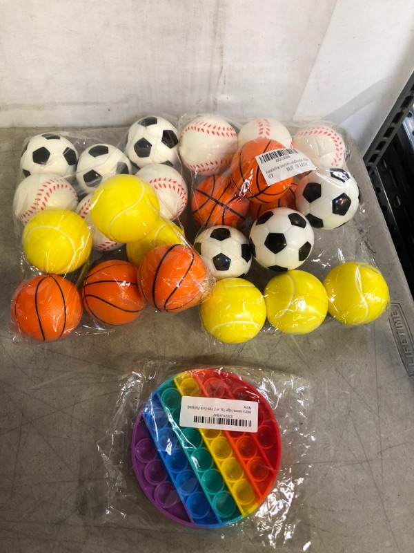 Photo 2 of 3PC TOY LOT
Bouncats Soft Foam Sponge Indoor Outdoor Football Basketball Baseball Tennis Ball Soccer Ball - 12 Pieces, 2 COUNT

BUBBLE POP FIDGET TOY 