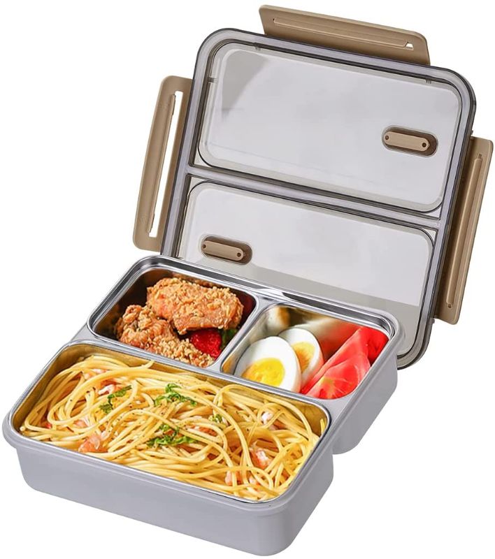 Photo 1 of Bento Lunch Box with 3-Compartment, Leak-proof for Children, Teenagers, Adults, 304 Stainless Steel BPA Free, Microwave Oven Dishwasher Freezer Safe
