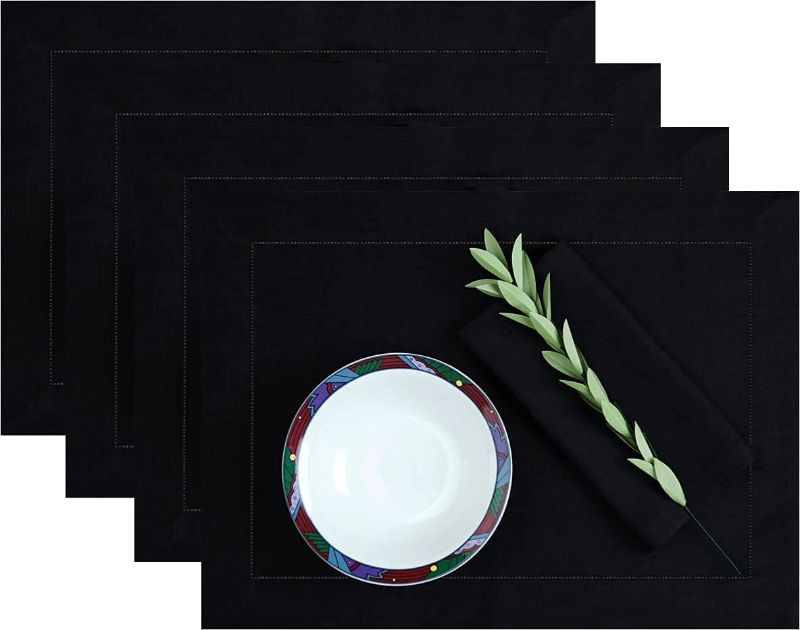 Photo 1 of D'Moksha Homes Black Placemats Set of 4 - 14 x 19 Inch, 100% Pure Linen Hemstitch Cloth Placemats, Machine Washable, Table Mats for Spring Summer Easter Mother's Day
