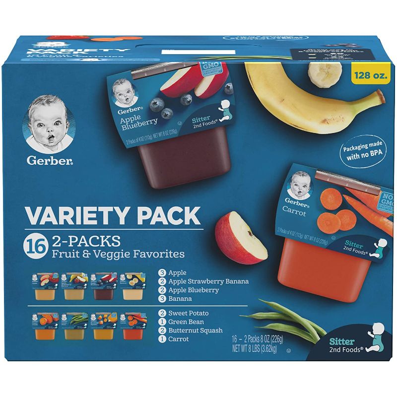 Photo 1 of Gerber Baby Food 2nd Foods Variety Pack, Fruit & Veggie Puree Favorites, 8 Ounce Tubs, 2-Pack (Pack of 16)
EXP 02/28/22