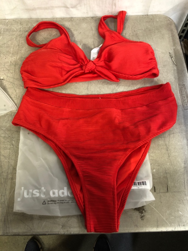 Photo 1 of CUPSHE WOMEN'S 2 PIECE FRONT KNOT, HIGH WAISTED BATHING SUIT, RED, SIZE XL
