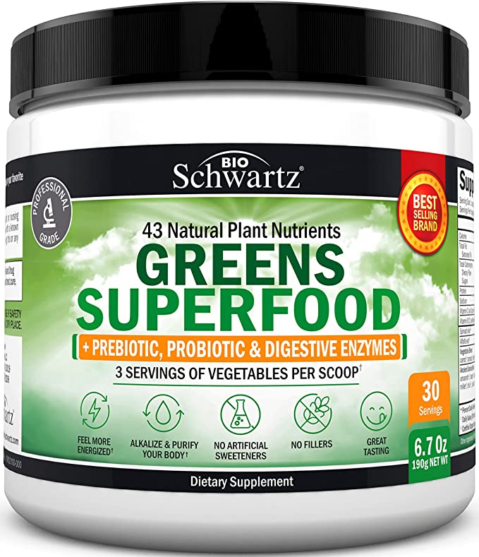 Photo 1 of Chlorophyll Rich Super Greens Organic Powder with Probiotics Prebiotics & Digestive Enzymes - 43+ Green Superfoods Alfalfa Bilberry Spirulina Chlorella - Dr Approved Keto Friendly Vegan Supplement