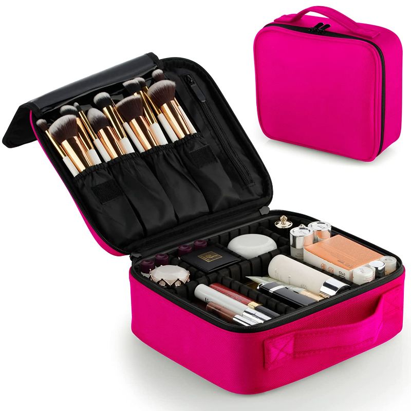 Photo 1 of A&A Travel Makeup Train Case - Small Cosmetics Bag with Adjustable Dividers Suitcase Toiletry Organizer Box for Women or Girls Pink