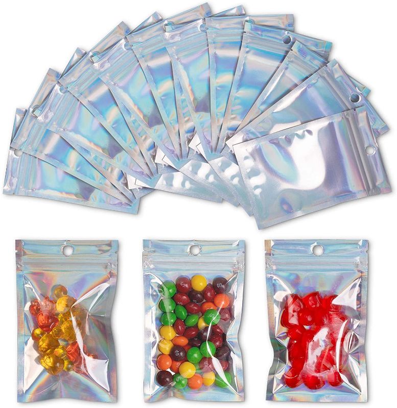 Photo 1 of 100 PCS Resealable Smell Proof Bags 3.1x5.1 Inch, Flat Clear Ziplock Food Storage Bags Pouch Aluminum Foil Bags Plastic Packaging Lip Gloss Bags, Holographic Rainbow Color
