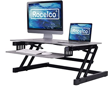 Photo 1 of Rocelco 37.5" Deluxe Height Adjustable Standing Desk Converter - Quick Sit Stand Up Dual Monitor Riser - Gas Spring Assist Computer Workstation - Large Retractable Keyboard Tray - Gray (R DADRG)
