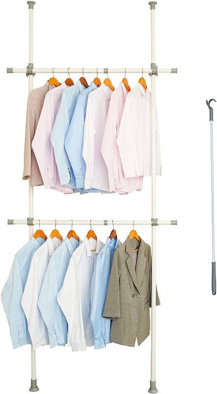 Photo 1 of Adjustable Clothing Rack, Double Rod Clothing Rack, 2 Tier Clothes Rack, Adjustable Hanger for Hanging Clothes, White Clothing Rack, Heavy Duty Garment Rack, Closet Rack, Freestanding, 220Lbs
