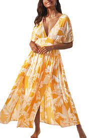 Photo 1 of Selena Yellow Floral V-neck Midi Dress XS