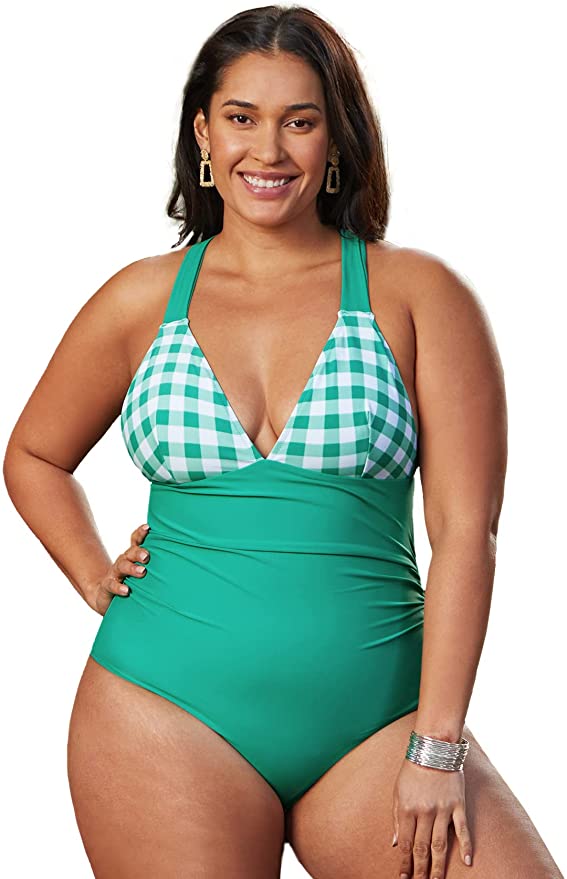 Photo 1 of CUPSHE Women's One Piece Swimsuit Pine Green Gingham Ruched Bathing Suit with Crisscross Back