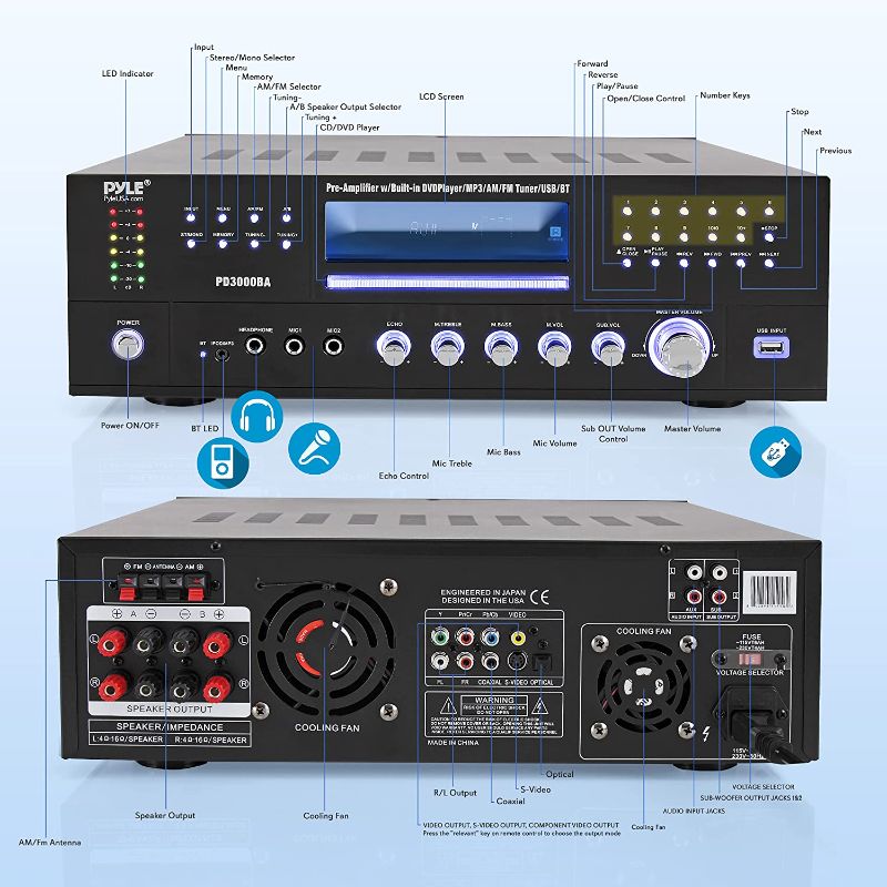 Photo 1 of Pyle Amplifier - 3000 Watt Stereo Speaker Home Audio Receiver w/ FM Radio, USB, Front Loading CD DVD Player, LED- PD3000BA (UNABLE TO TEST FUNCTIONALITY)