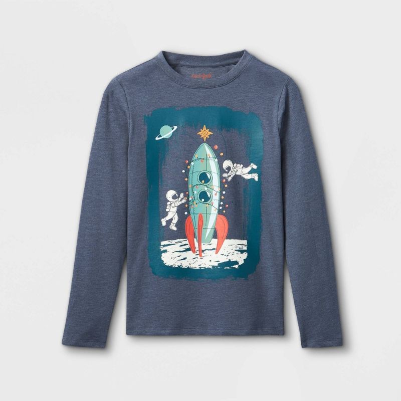 Photo 1 of BOYS' SPACESHIP TREE GRAPHIC LONG SLEEVE T-SHIRT - CAT & JACK BLUE XS(4-5) 2 PACK