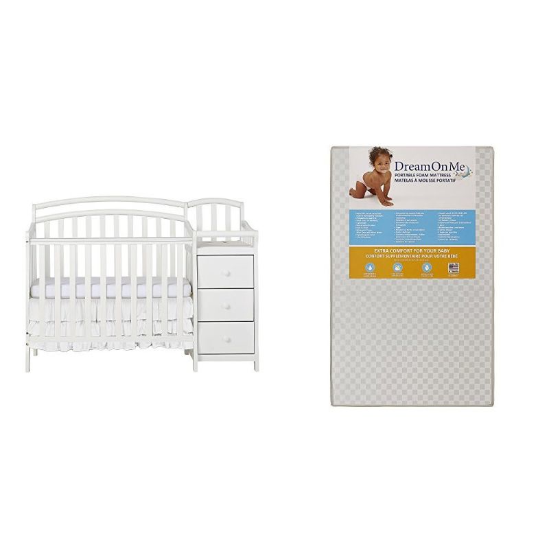 Photo 1 of Dream On Me Casco 4 in 1 Mini Crib and Dressing Table Combo with Dream On Me 3 Portable Crib Mattress, White
