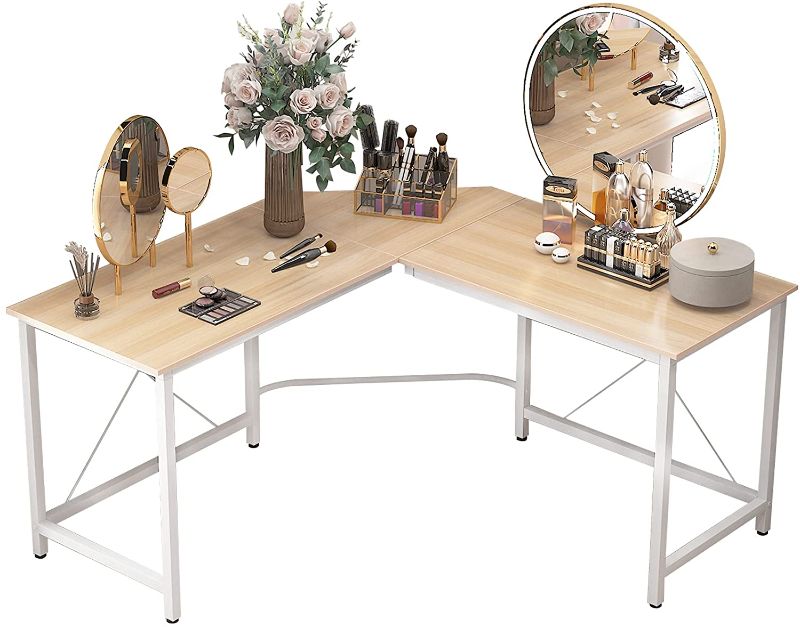 Photo 1 of DlandHome Makeup Vanity Table L-Shaped Dressing Tables Bedroom Vanity, 59 x 59 inches, Maple and White Legs
