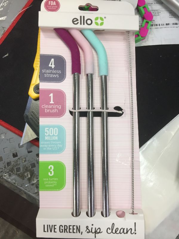 Photo 2 of  Ello Silicone-Tipped Reusable Stainless Steel Straw 4-pk. plus Wire Brush