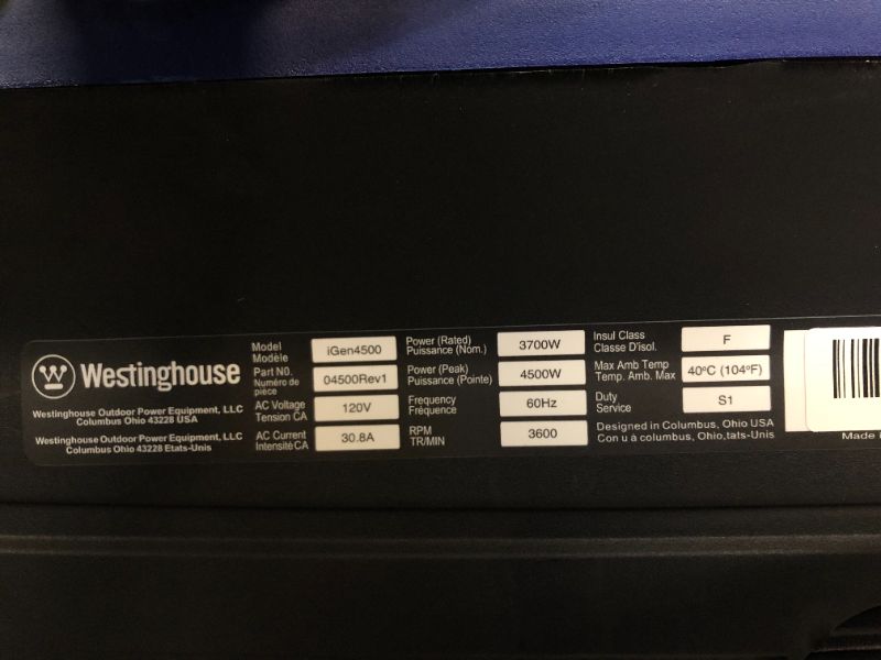 Photo 1 of Westinghouse iGen4500 Electric Start Portable Inverter Generator 3700 Rated & 4500 Peak Watts