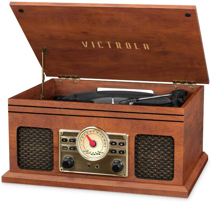 Photo 1 of Victrola VTA-250B-MAH 4-in-1 Nostalgic Bluetooth Record Player with 3-Speed Turntable FM Radio and Aux-in Mahogany