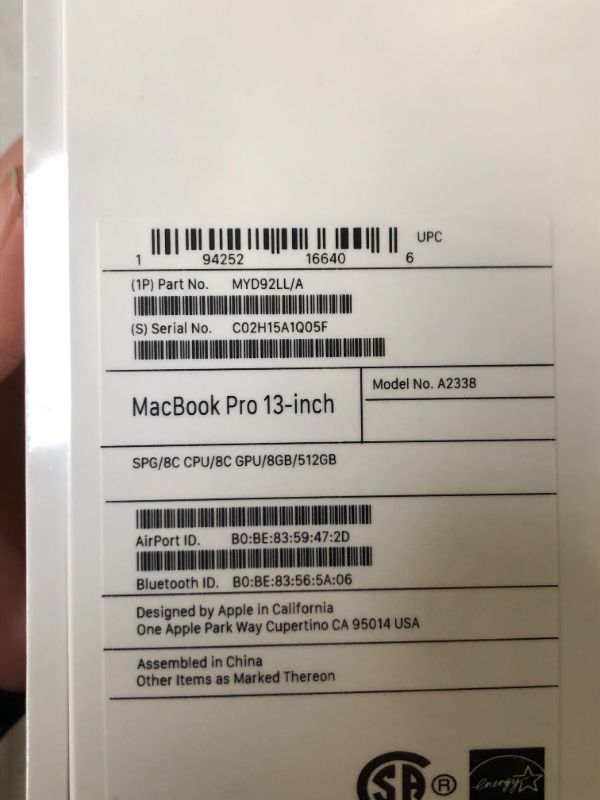 Photo 13 of 2020 Apple MacBook Pro with Apple M1 Chip (13-inch, 8GB RAM, 512GB SSD Storage) - Space Gray (FACTORY SEALED) (OPENED BOX TO TAKE PHOTOS)