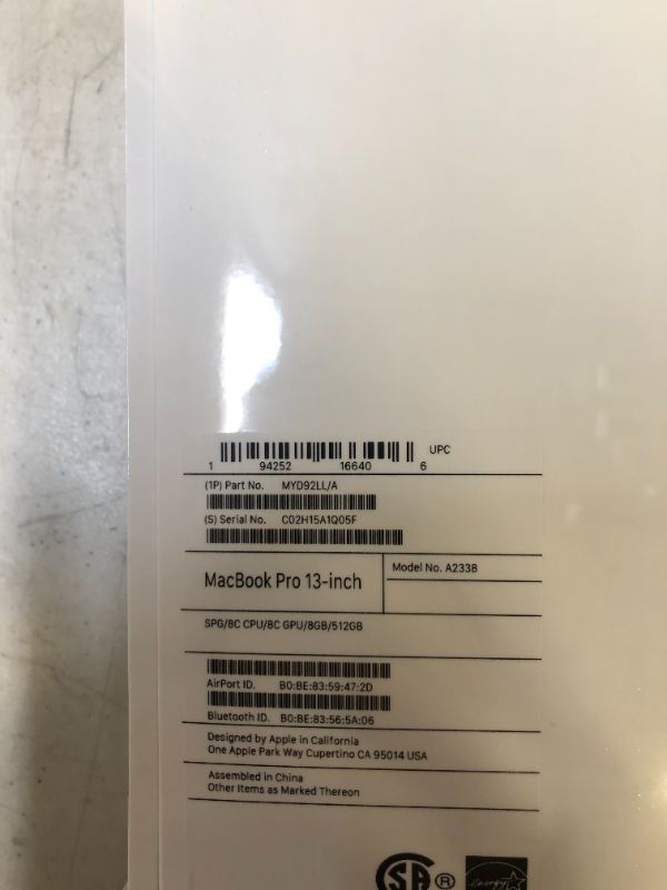 Photo 12 of 2020 Apple MacBook Pro with Apple M1 Chip (13-inch, 8GB RAM, 512GB SSD Storage) - Space Gray (FACTORY SEALED) (OPENED BOX TO TAKE PHOTOS)