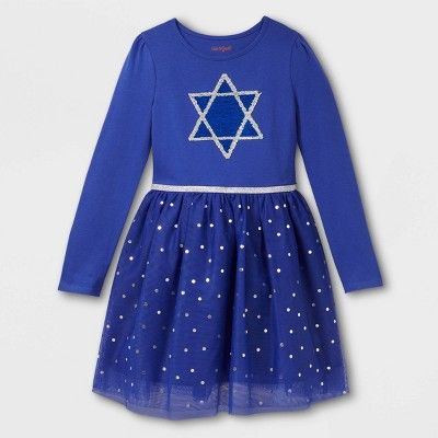 Photo 1 of Girls' Hanukkah Star of David Long Sleeve Dress - Cat & Jack™ Blue
