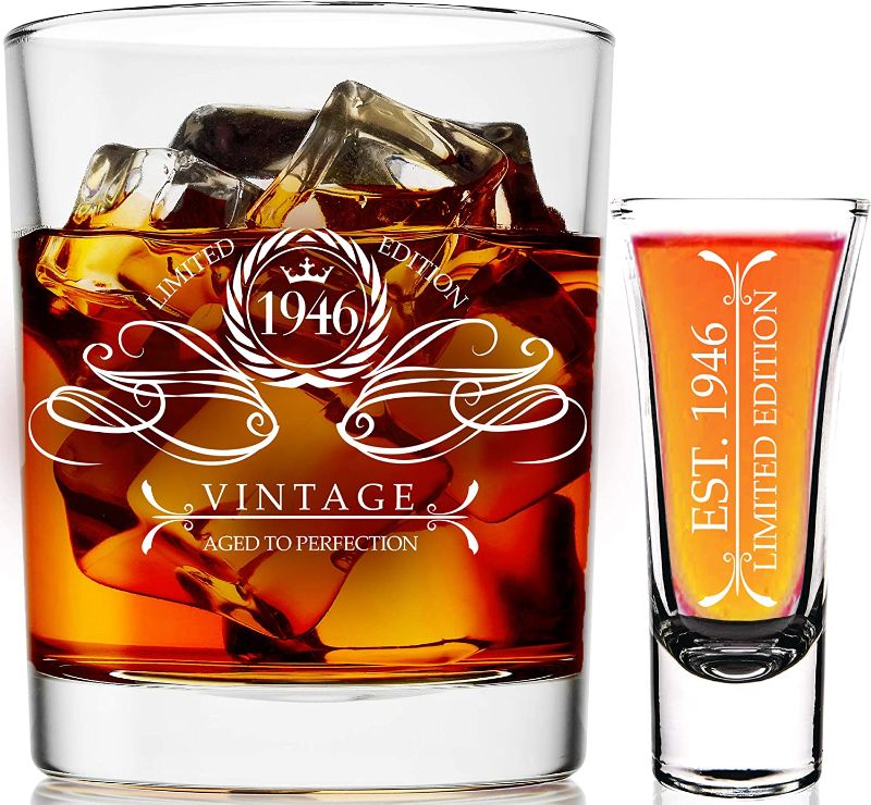 Photo 1 of 1946 76th Birthday Gifts For Men & Women 9 oz Whiskey Glass and 2 oz Shot Glass, 76th Birthday Decorations for Men, Funny Present Ideas for Her, Wife, Mom, Coworker, Best Friend, Anniversary Man Guys
