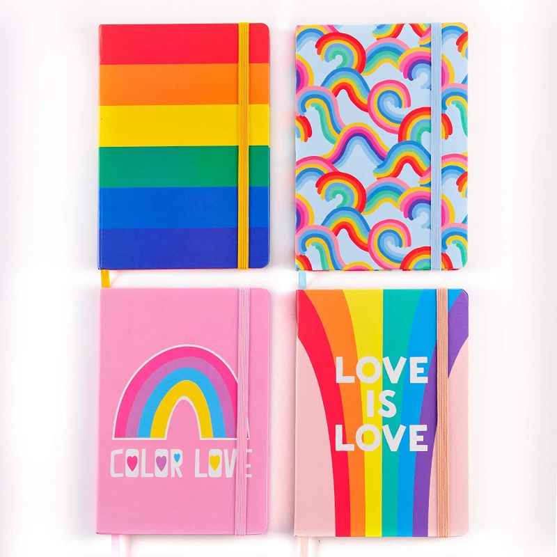 Photo 1 of *Back to school*4 Pack Composition Notebooks, Journal Travelers Diary Notebooks Personalized Hard Cover Notebooks with Elastic Band, Cute Notebooks for Girls and Boys, LOVE IS LOVE lined paper A5 notebooks
