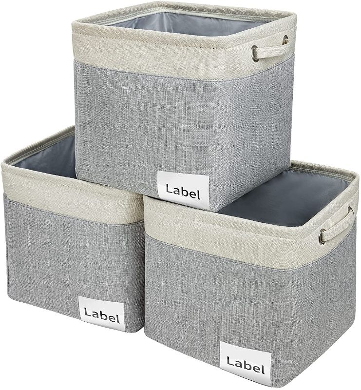 Photo 1 of DIMJ Cube Storage Bins Foldable Storage Bins with Handles Fabric Storage Basket for Shelf, Closet, Nursery, Office Organizer (Grey & Beige, Cube - 11.8" x 11.8" x 11.8" -27 L)  3pack