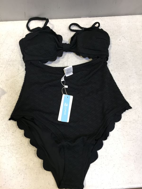 Photo 3 of CUPSHE Women's  Swimsuit Sexy Black Cutout Scallop Trim Bathing Suit Size M