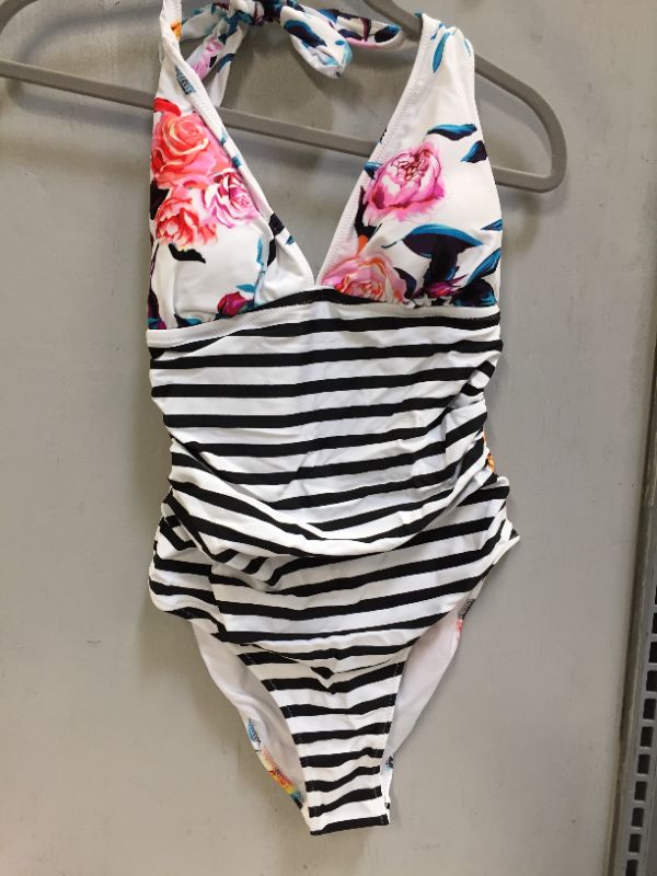 Photo 2 of Bold Floral and Stripe Halter One Piece Swimsuit Size M