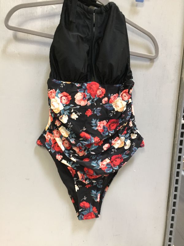 Photo 2 of Black And Floral Plunging Halter One Piece Swimsuit Size L
