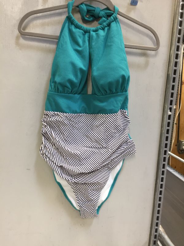 Photo 2 of Aqua Textured And Striped Halter One Piece Swimsuit Size L
