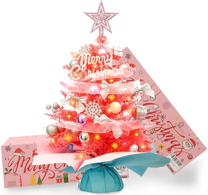 Photo 1 of 20'/50cm Mini Pink Christmas Tree,Artificial Small Christmas Tree with Led Lights/Ornaments, Tabletop Christmas Tree for Kids Christmas Decoration Gifts(Pink)