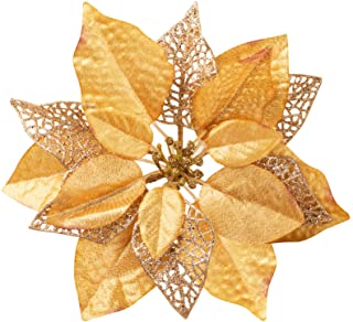 Photo 1 of 10 Pack Christmas Poinsettia Flowers Glitter Poinsettia Bushes Christmas Tree Flowers Christmas Poinsettia Ornament, Artificial Poinsettia Flowers Christmas Decorations Champagne Gold