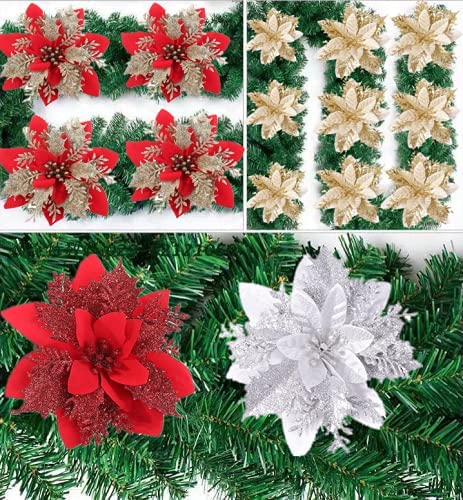 Photo 1 of 12PCS Glitter Poinsettia Flowers Christmas Poinsettia Decorations Artificial Christmas Poinsettia Flowers with 12Pcs Clips