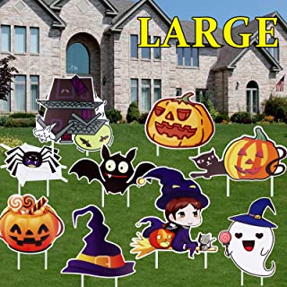 Photo 1 of 9 Packs Halloween Yard Signs With Stakes, TOROKOM Halloween Outdoor Lawn Garden Stake Decorations Large Pumpkin Witch Bat Corrugate Trick or Treat Yard Signs for Halloween Yard Lawn Decorations