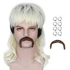 Photo 1 of M MISS U HAIR SHORT MEN BLACK ROOTS BLONDWE WIG 70S 80S MULLET COSTUME HALLOWEEN WIG WITH MUSTACHE AND 8 EARINGS