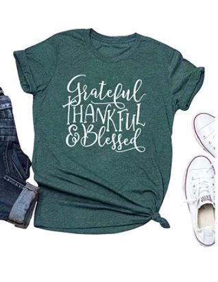 Photo 1 of CYNICISMILE Grateful Thankful Blessed Thanksgiving Shirts for Women Short Sleeve Tops Tee Medium, Green