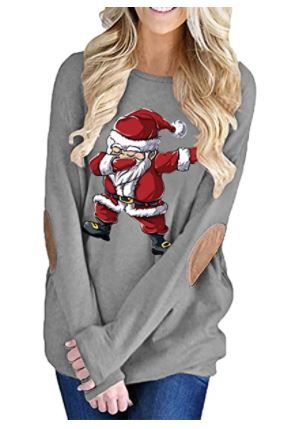 Photo 1 of Pink Queen Womens Loose Crew Neck Batwing Sleeve Patches Blouse Top T-Shirts Gray, Santa Clause, Funny, XL