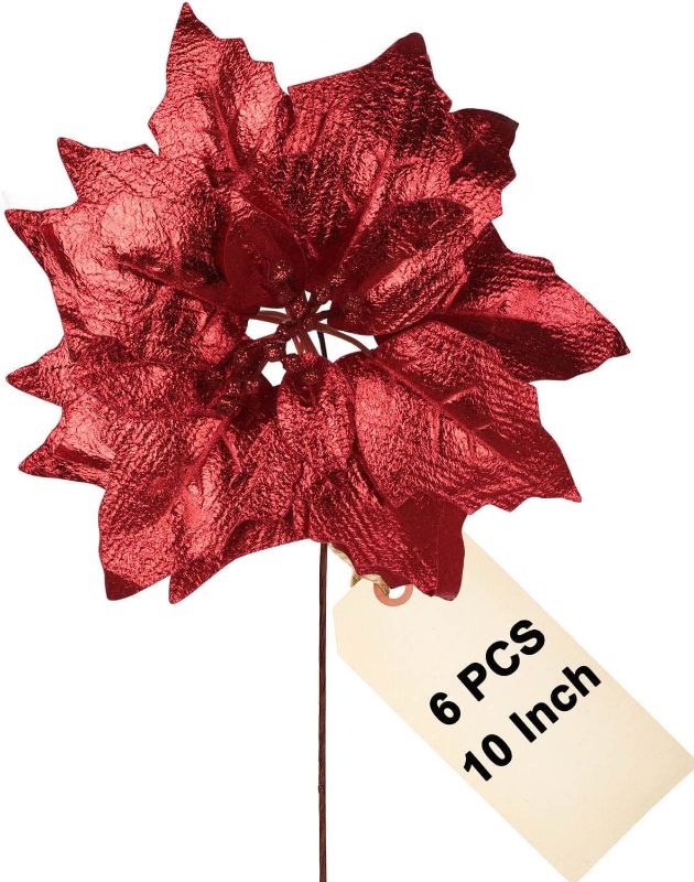 Photo 1 of 10 Inch Poinsettia Flowers for Christmas Tree - 6PCS Light Red Christmas Flowers Artificial for Tree Skirt Christmas Decorations with No Glitter
