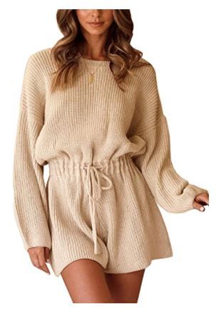 Photo 1 of Quenteen Women's Loose Fit Knit Playsuit Sweater Elastic Waist Long Lantern Sleeve Sweater Jumpsuit and Romper, Apricot, Medium