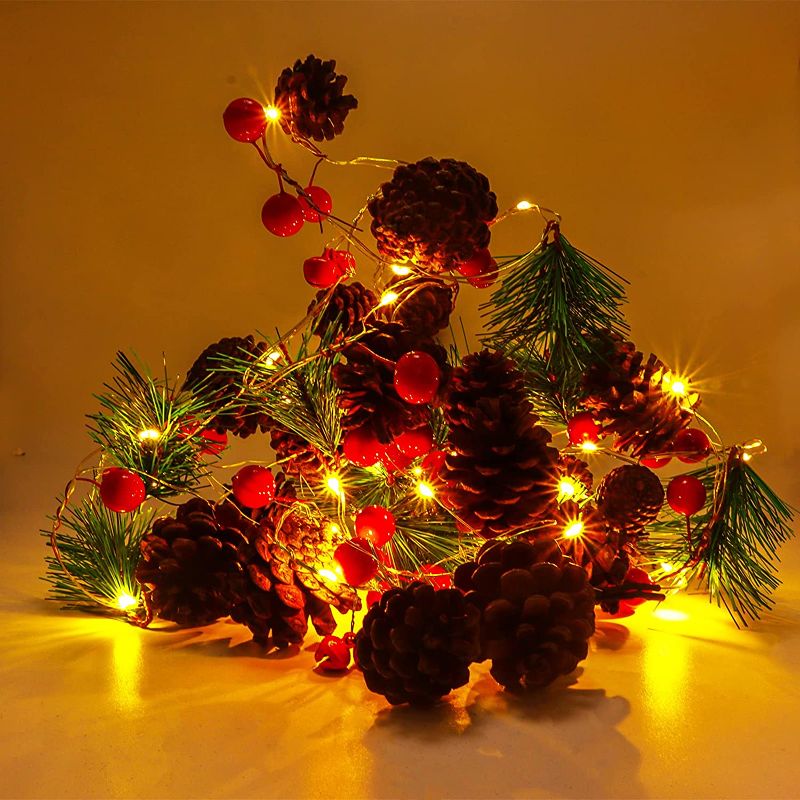 Photo 1 of Birthday Garland with Lights,Party Pinecone Light String,20LED 6.9 ft Birthday Pine Cones Jingle Bells Berries Copper String Light,8 Model Flashing Novelty Decor for Tree Party Home Wedding
