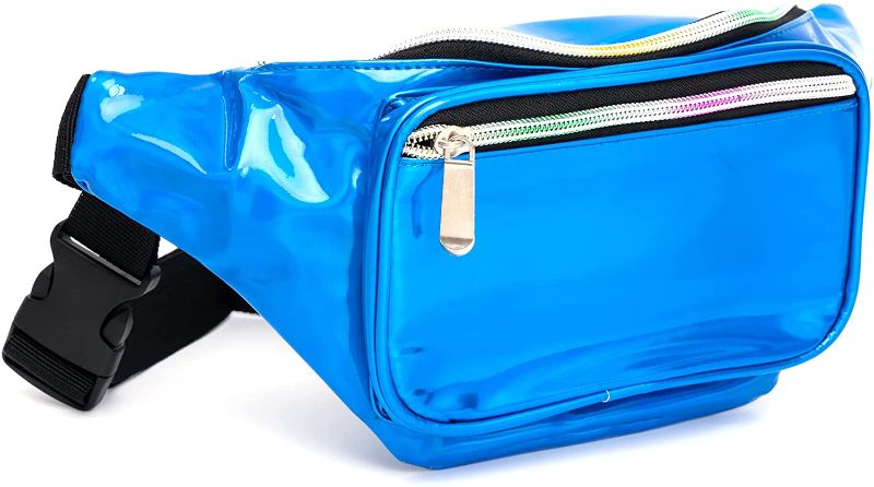 Photo 1 of Holographic 80s 90S Rave BlueFanny Pack for festival women, Girl Cute Fashion Waist Bag Belt Bags-Blue
